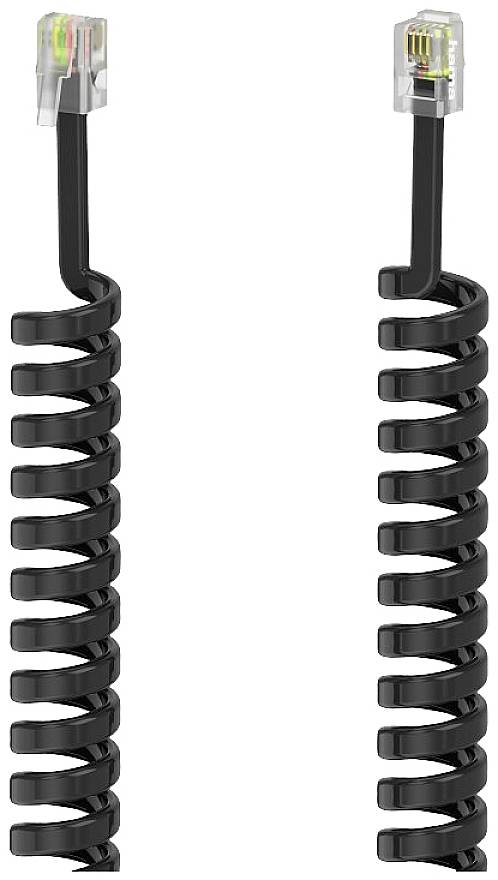 Cordone telefonico nero a spirale con spine trasparenti a entrambe le estremità, idoneo per il collegamento di ricevitori telefonici.