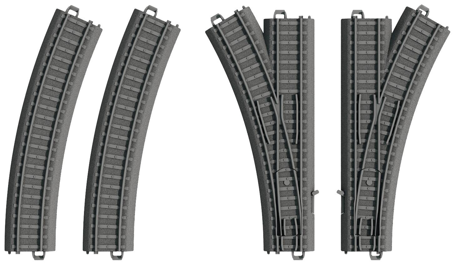 Binari per trenini giocattolo: due binari curvi, un deviatoio semplice e un deviatoio biforcato. Sono realizzati in plastica grigia.