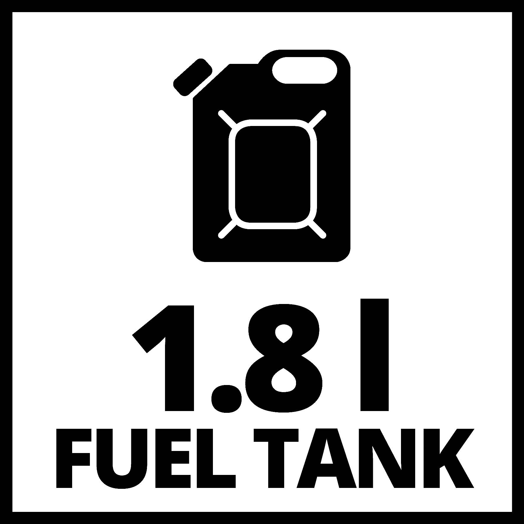 Un'icona nera mostra un tanica, sotto la quale è scritto '1.8 l FUEL TANK'. Simboleggia un serbatoio del carburante da 1,8 litri.