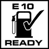 Grafica in bianco e nero di un rubinetto con un segno di spunta e il testo 'E10 Ready'. Simboleggia la compatibilità con il carburante E10.