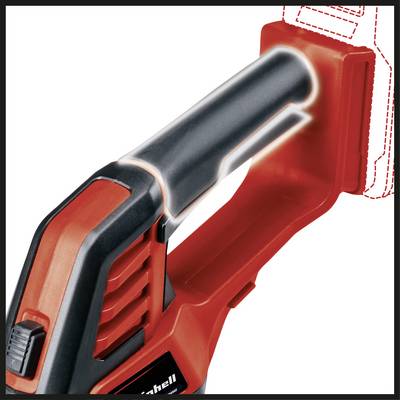 Un manico nero e rosso di un utensile, probabilmente un avvitatore a batteria. Il collegamento della batteria è vuoto, la batteria è assente.
