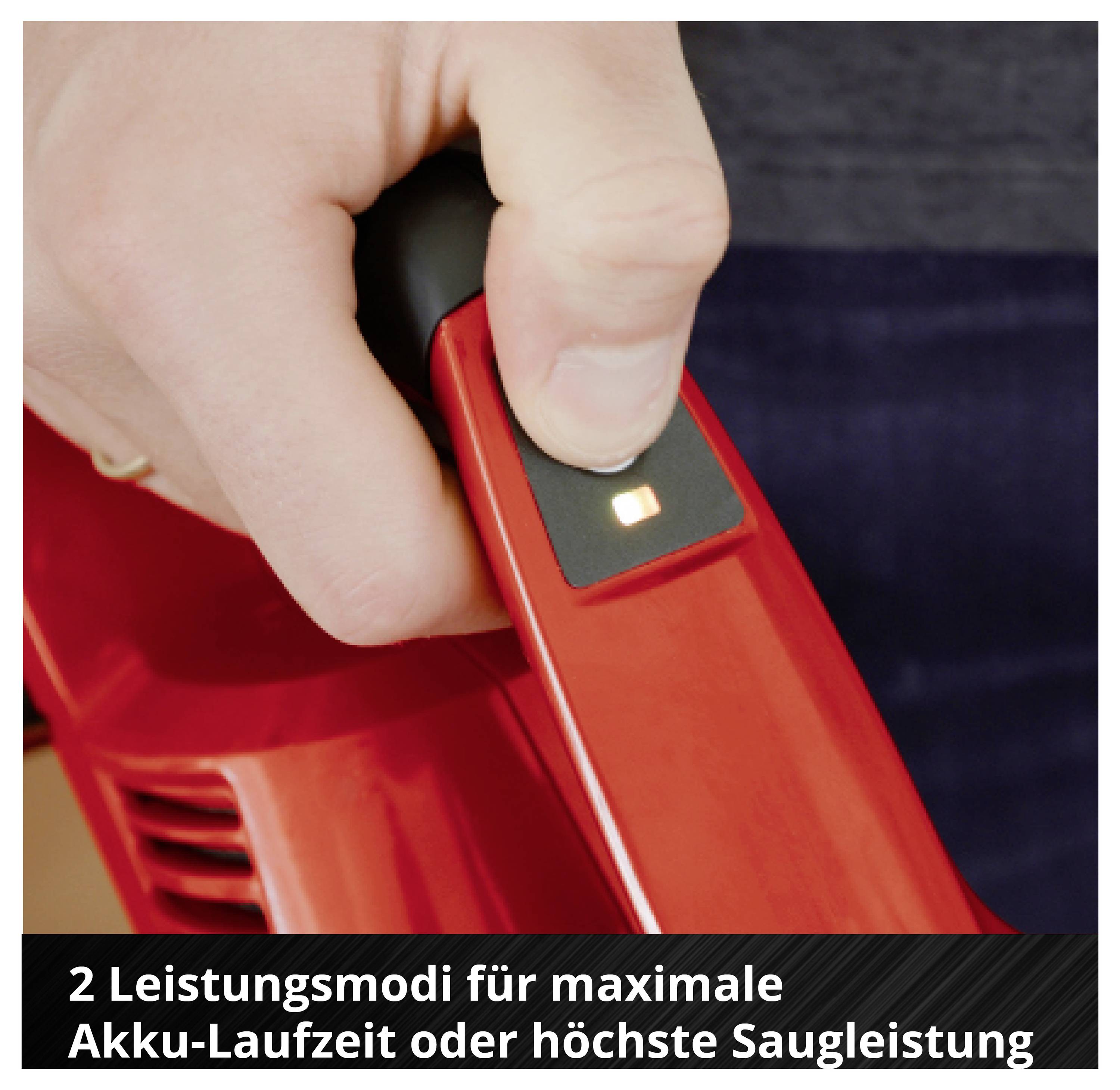 Una mano tiene un aspirapolvere cordless rosso; testo informativo in basso: '2 modalità di potenza per massima durata della batteria o massima potenza di aspirazione'.
