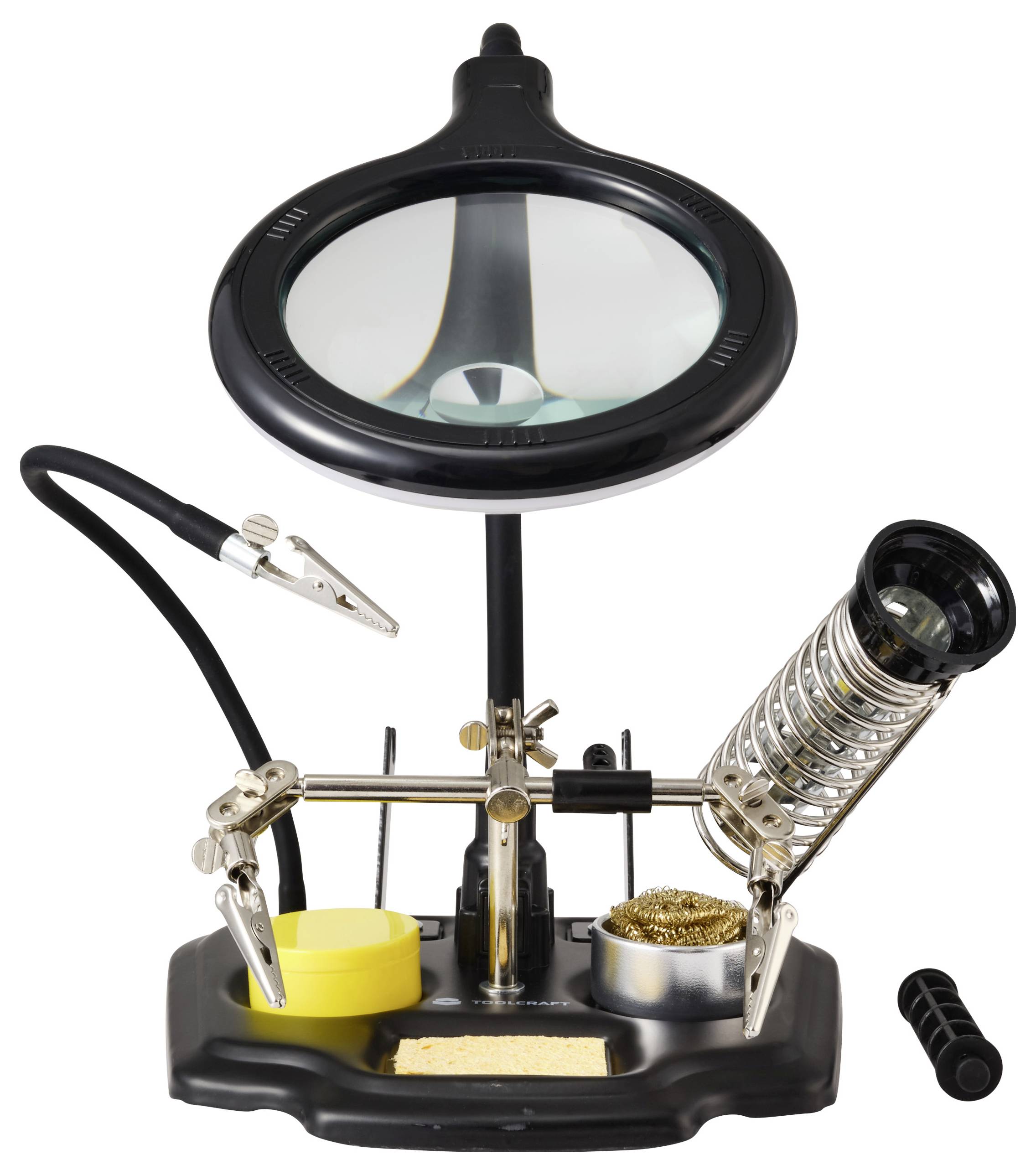 Una stazione per saldatura con lente di ingrandimento, morsetti regolabili, supporto per saldatore, spugna e porta fili su una base nera.
