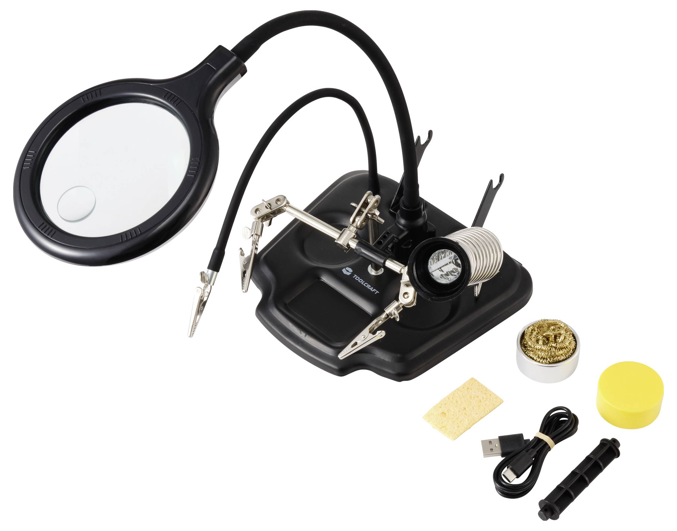 Stazione di saldatura con lente d'ingrandimento, bracci regolabili per sostenere componenti, supporto per saldatore, cavo USB, spugna e accessori.