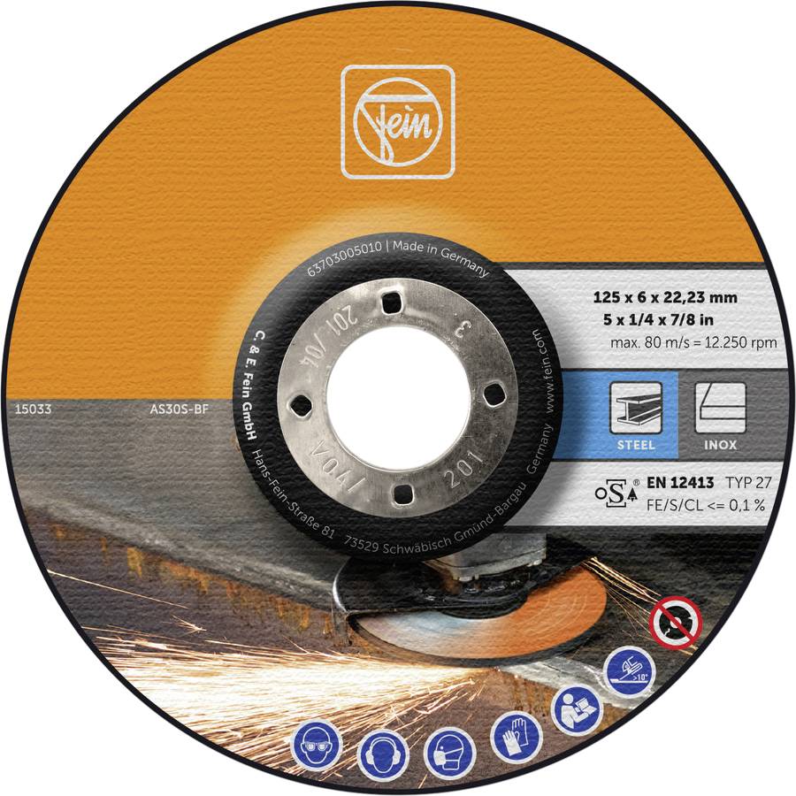 'Disco abrasivo per lavorazione metalli, 125 x 6 x 22,23 mm, max. 80 m/s, 12.250 giri/min, adatto per acciaio e acciaio inossidabile.'