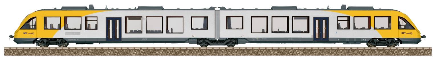 Un treno giallo-grigio con due carrozze su un binario ferroviario. Il treno ha diversi finestrini e porte ed è destinato al trasporto passeggeri.