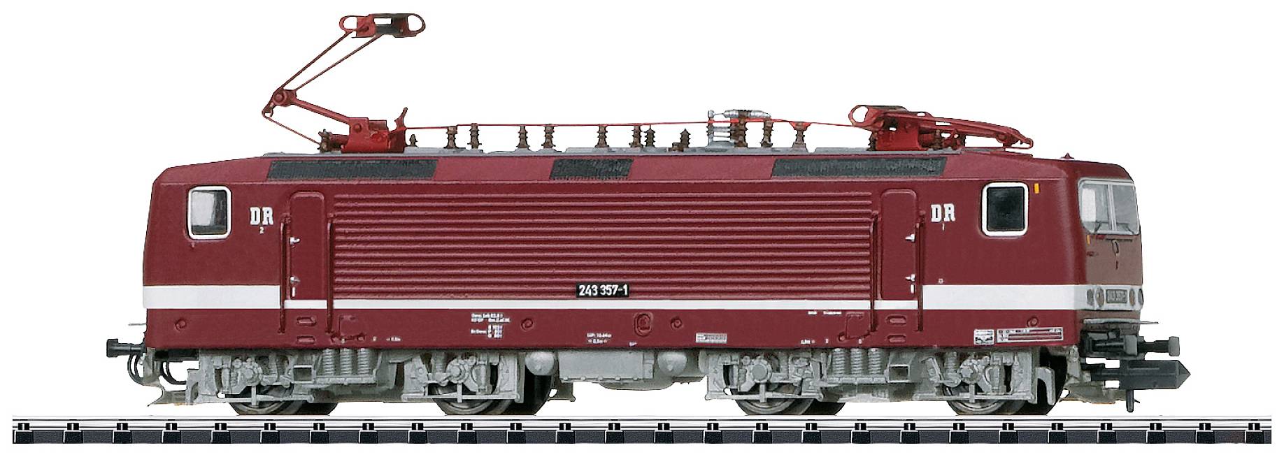 Un modello di locomotiva ferroviaria rossa della DR con pantografo sui binari.