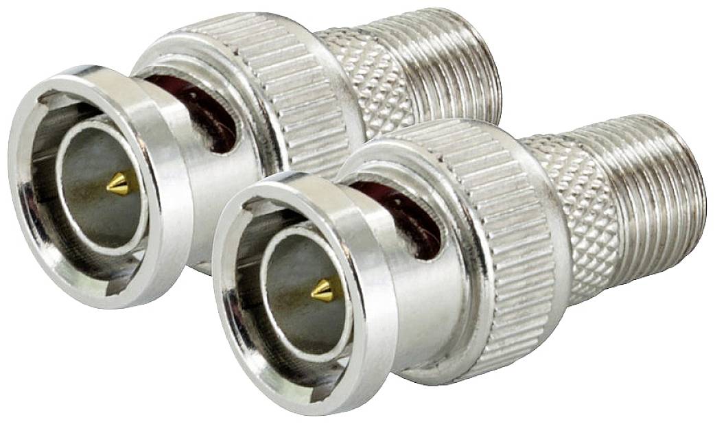Due adattatori coassiali d'argento con impugnatura zigrinata e contatto interno color oro, posizionati uno accanto all'altro su sfondo bianco.
