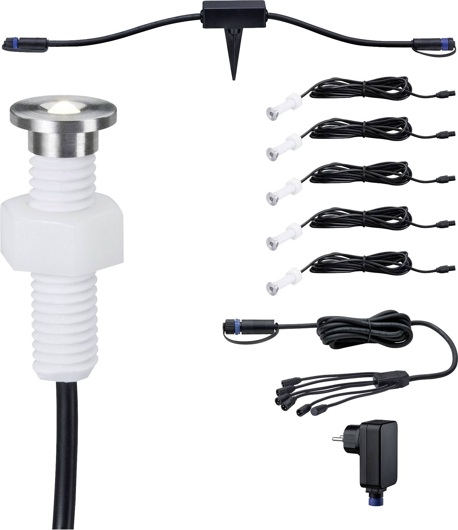 Un set di illuminazione da giardino a LED con un faretto da incasso, diversi cavi, connettori e una spina di alimentazione. Ideale per aree esterne.