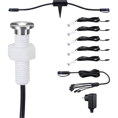 Un set di illuminazione da giardino a LED con un faretto da incasso, diversi cavi, connettori e una spina di alimentazione. Ideale per aree esterne.