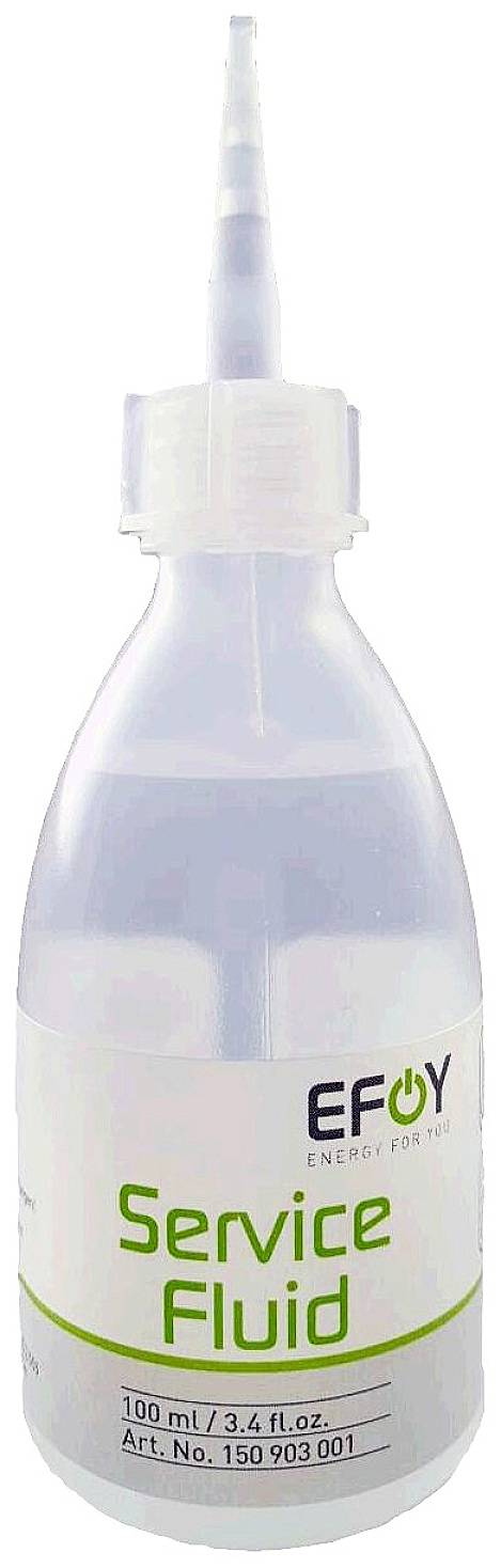 Bottiglia di plastica con tappo a punta, etichettata 'EFOY Service Fluid'. Contiene 100 ml.