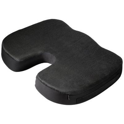 Un cuscino ergonomico a forma di U, nero, per alleviare la pressione e sostenere la seduta durante periodi prolungati di sedentarietà.