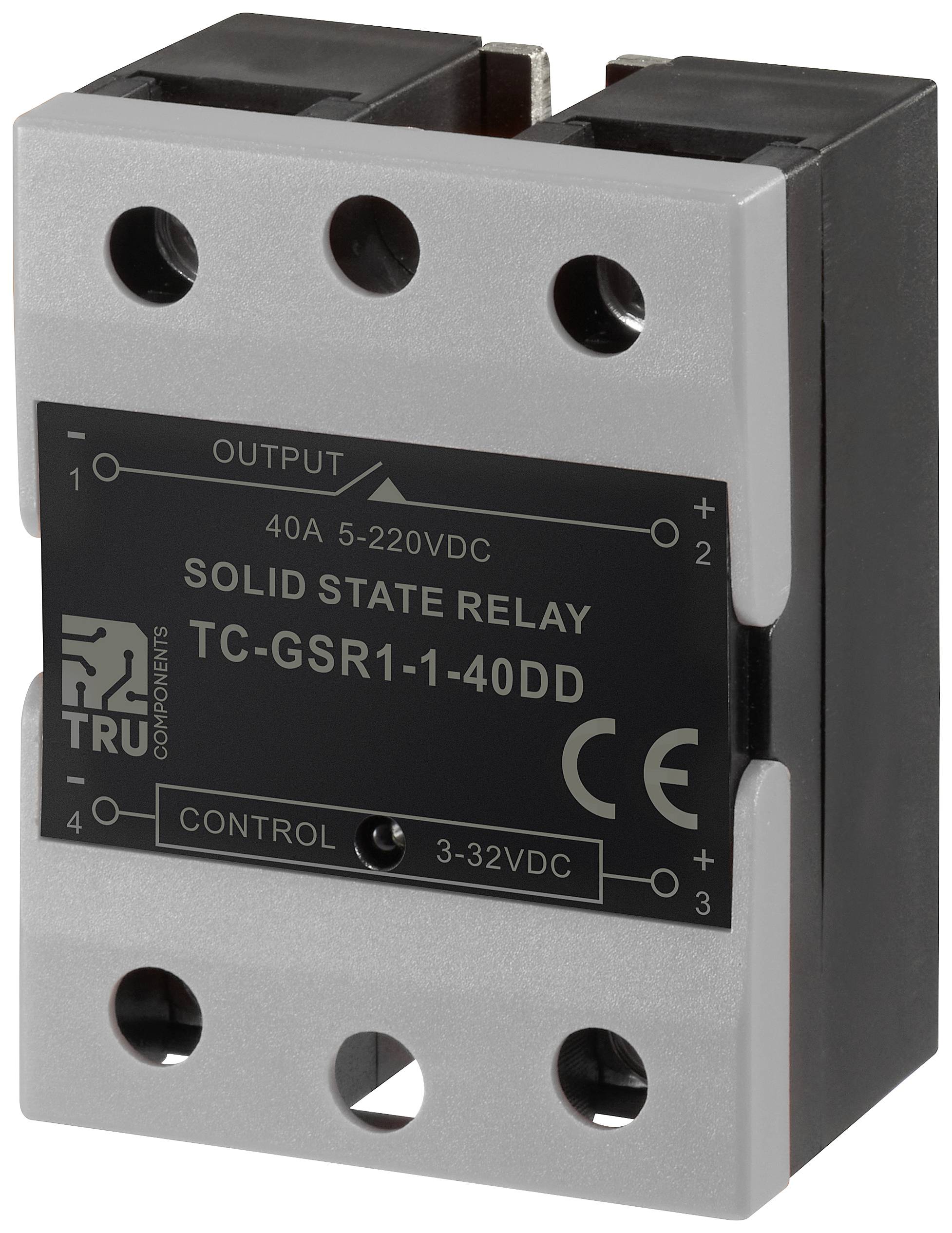 Un relè a stato solido denominato 'TC-GSR1-1-40DD', idoneo per 40A e 5-220VDC, con campo di controllo da 3-32VDC.