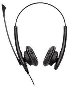 Un headset nero con braccio microfono, adatto per comunicazioni telefoniche o online.
