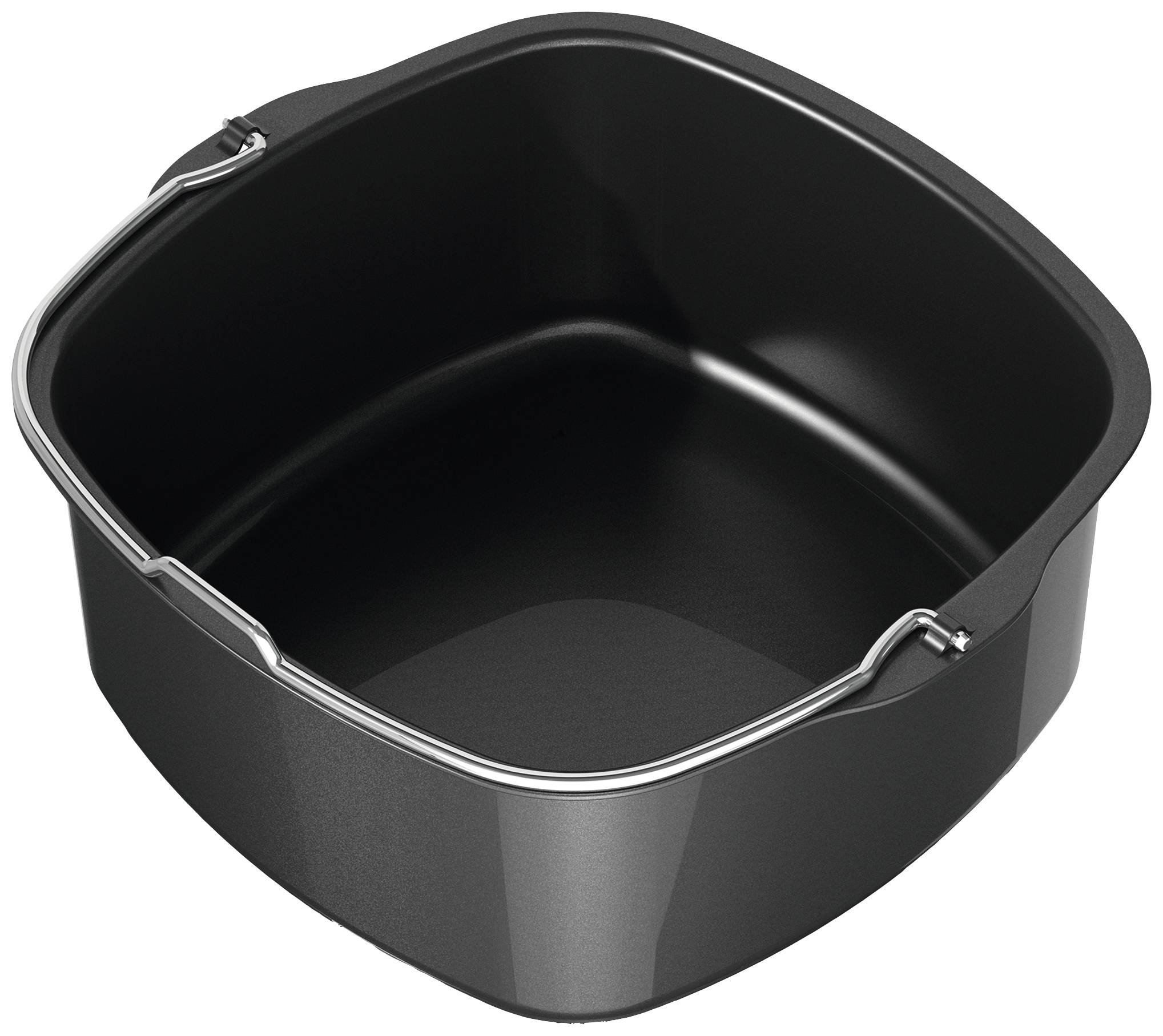 Una teglia rettangolare nera con angoli arrotondati e un bordo metallico sul bordo superiore, ideale per la cottura.