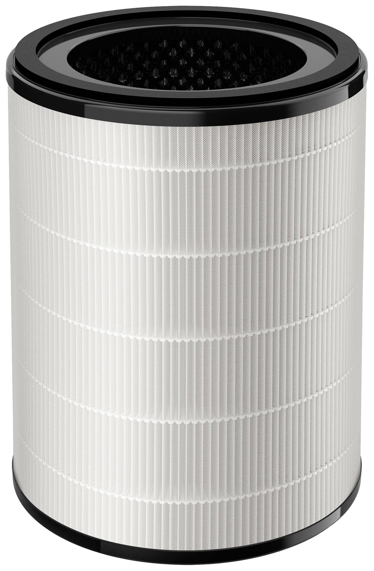 Cartuccia filtro aria a forma cilindrica con lamelle pieghettate chiare e bordo nero. Utilizzata per la purificazione dell'aria in dispositivi.