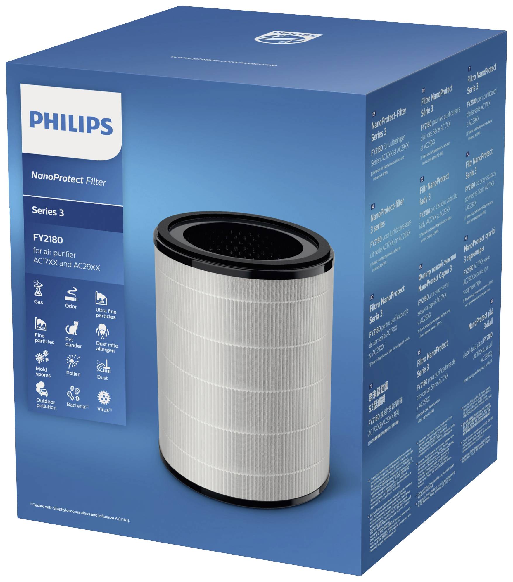 Una confezione di un Filtro NanoProtect Philips Serie 3 per purificatori d'aria. Il filtro è cilindrico e bianco con un bordo nero.