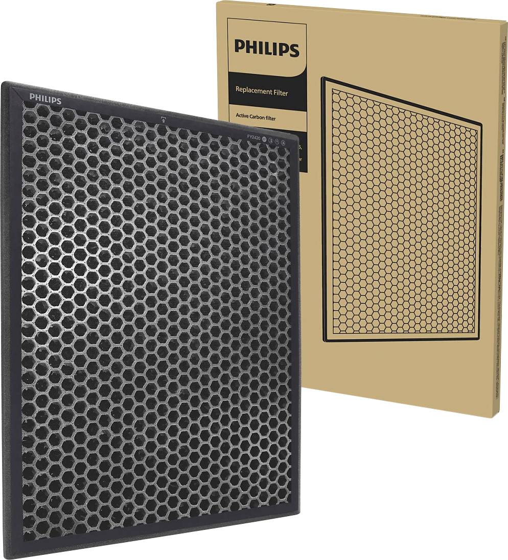 Il filtro sostitutivo Philips in carbone attivo è raffigurato davanti a una scatola dal design simile.