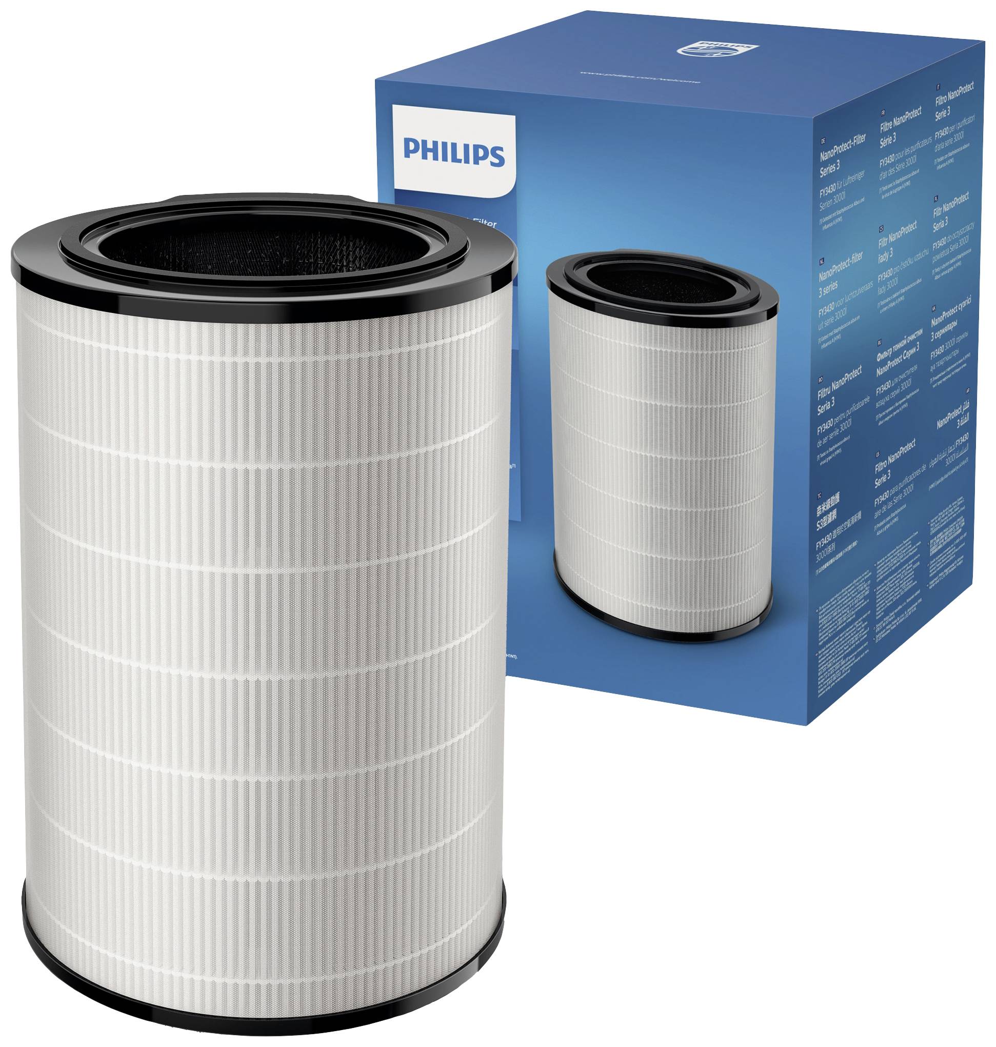 Filtro dell'aria accanto a una confezione blu con il logo Philips; mostra il filtro cilindrico con linee sottili per una migliore qualità dell'aria.