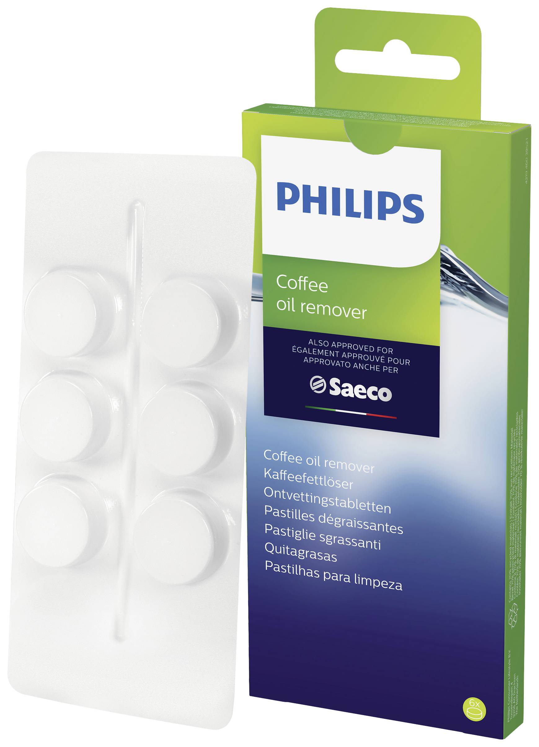 Confezione 'Rimuovi Olio Caffè Philips' accanto a blister contenente sei compresse bianche. Adatto per la sgrassatura e la pulizia delle macchine da caffè.