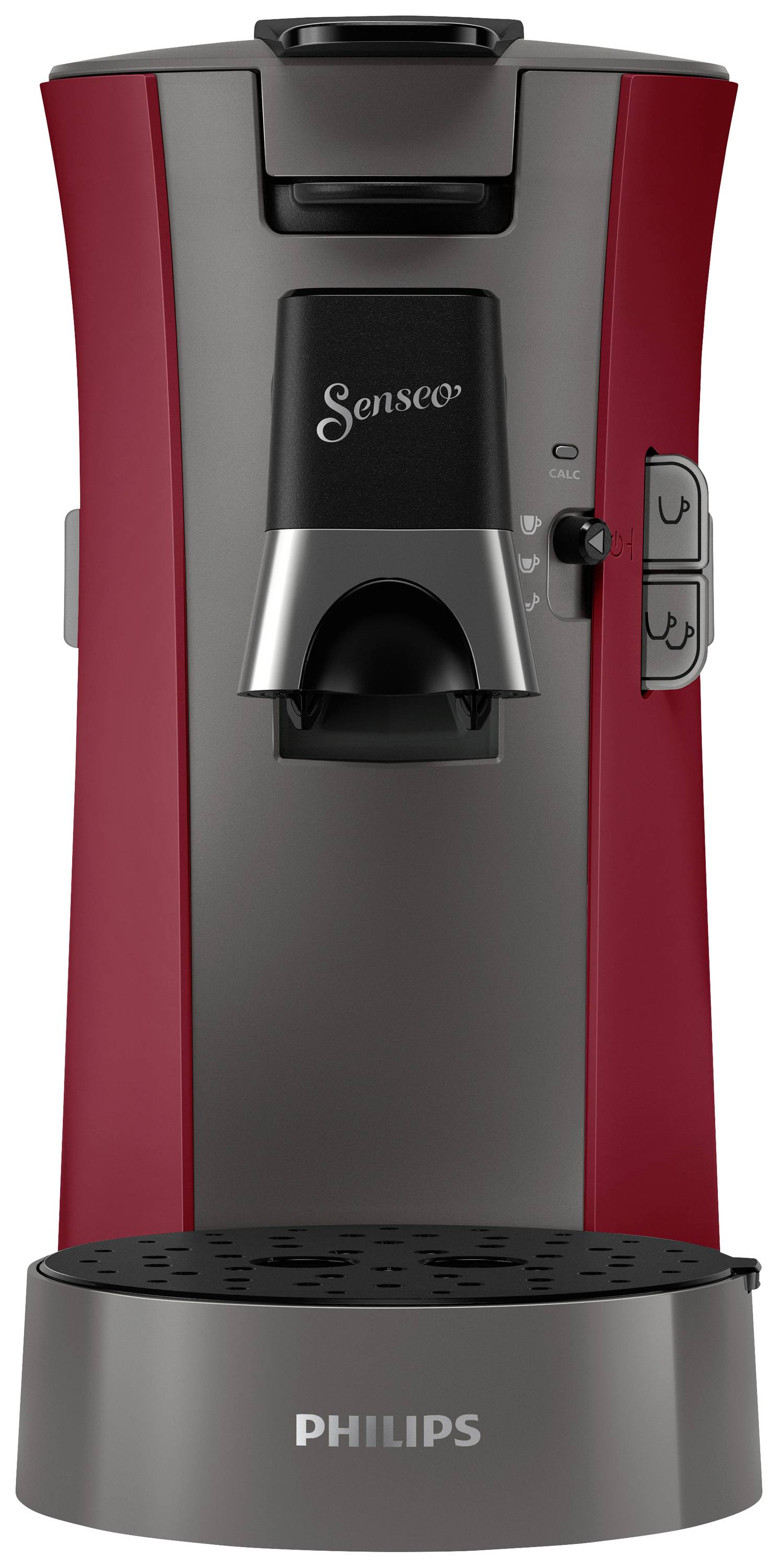 Macchina da caffè in rosso e nero, con pulsanti di controllo e un'apertura per l'erogazione. Marchio 'Philips' visibile sul fondo.
