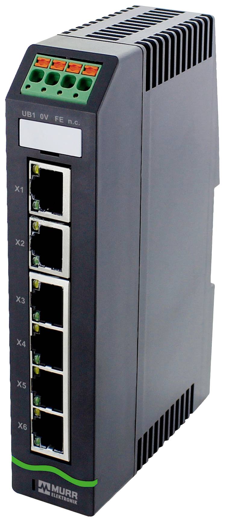 Un switch Ethernet di Murrelektronik con sei porte RJ45 e LED, idoneo per l'automazione industriale.