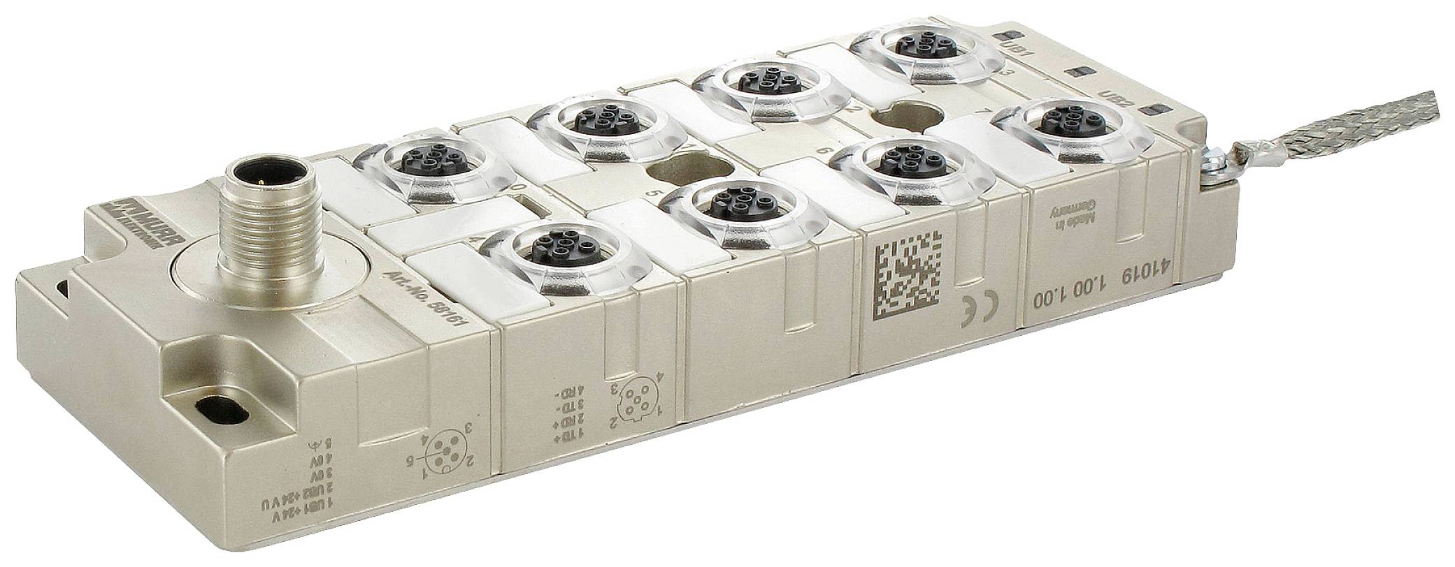 Modulo metallico con diversi raccordi circolari a innesto e un singolo raccordo più grande a sinistra. Cavo collegato a destra.