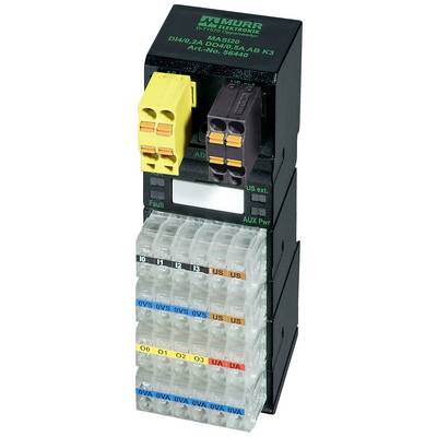 Modulo elettronico con connettori, pulsanti e indicatori LED. Connessioni contrassegnate in giallo e nero, con diversi porte numerate.
