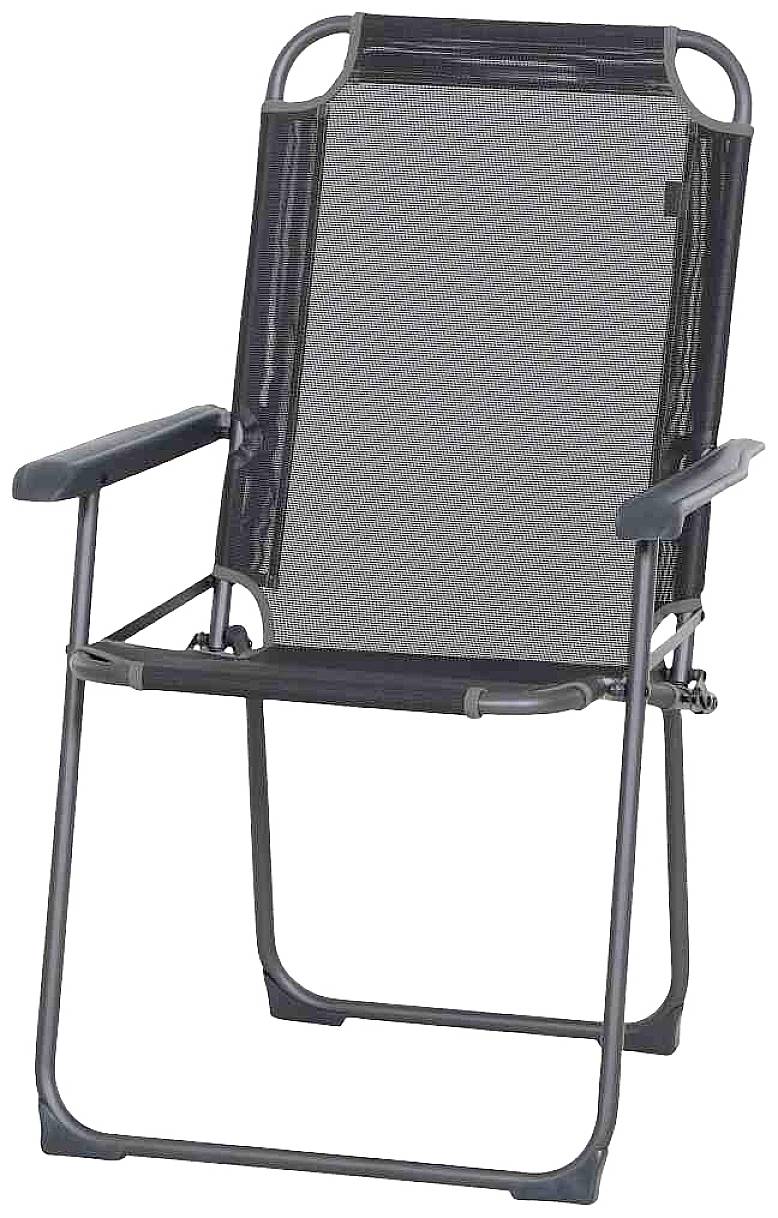 Una sedia da giardino pieghevole, grigia, in metallo con braccioli e schienale alto. Ideale per l'uso esterno.