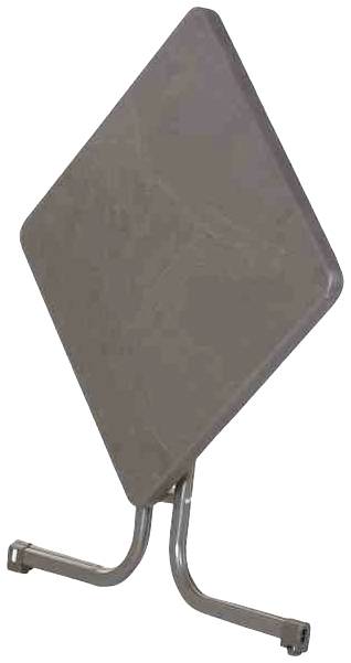 Uno scudo marrone a forma di rombo su due gambe metalliche curve.
