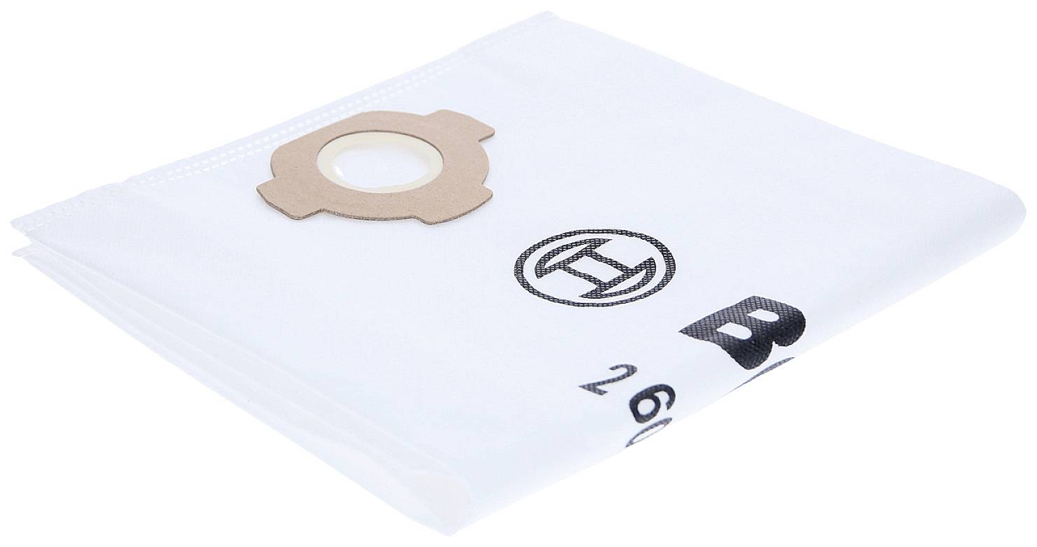 Sacchetti aspirapolvere in tessuto con supporto rotondo su sfondo chiaro. Adatti per aspirapolvere Bosch, numero modello visibile.