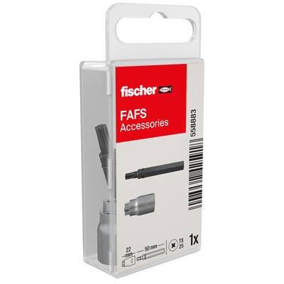 Confezione blister di accessori fischer FAFS, che mostra un tassello per parete nero e una ghiera metallica, etichettata "FAFS Accessories" e "1x".
