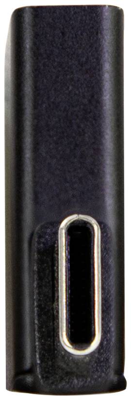 Un connettore USB-C nero in posizione verticale.