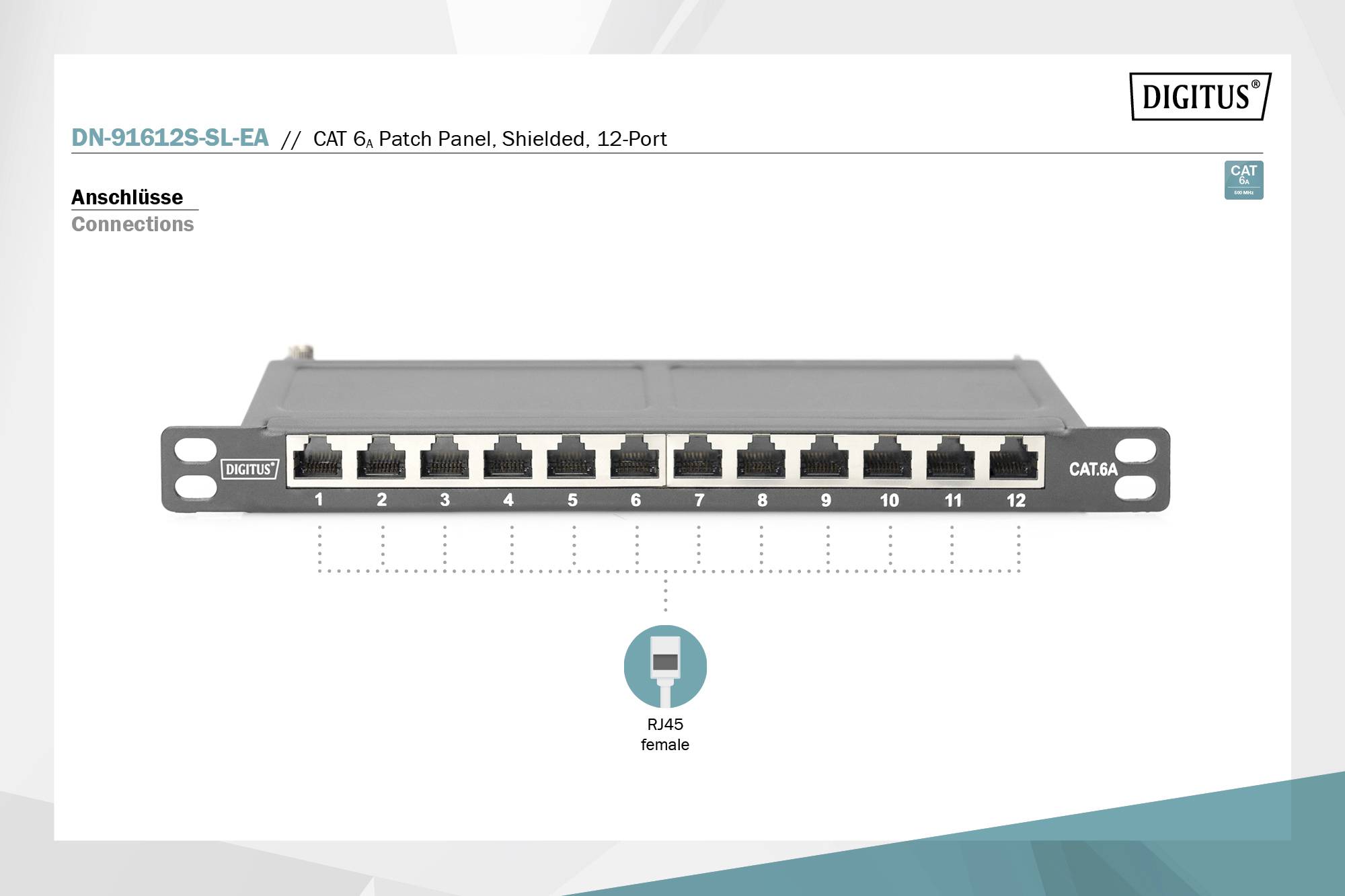 Pannello di permutazione con 12 porte RJ45 per CAT 6, schermato. Adatto per connessioni di rete. Etichettato con numeri di porta da 1 a 12.