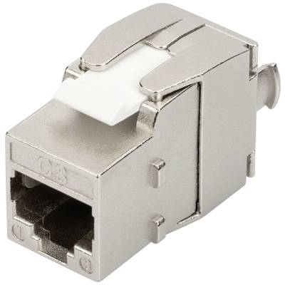 Connettore di rete metallico, compatibile con cavi RJ45, che mostra la vista del connettore con clip di bloccaggio visibili.