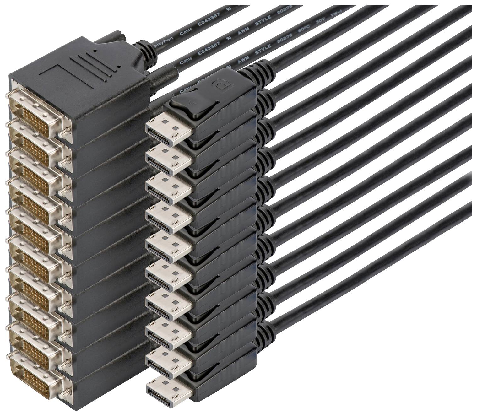 Un mucchio di cavi HDMI inseriti in un grande adattatore che consente più connessioni.