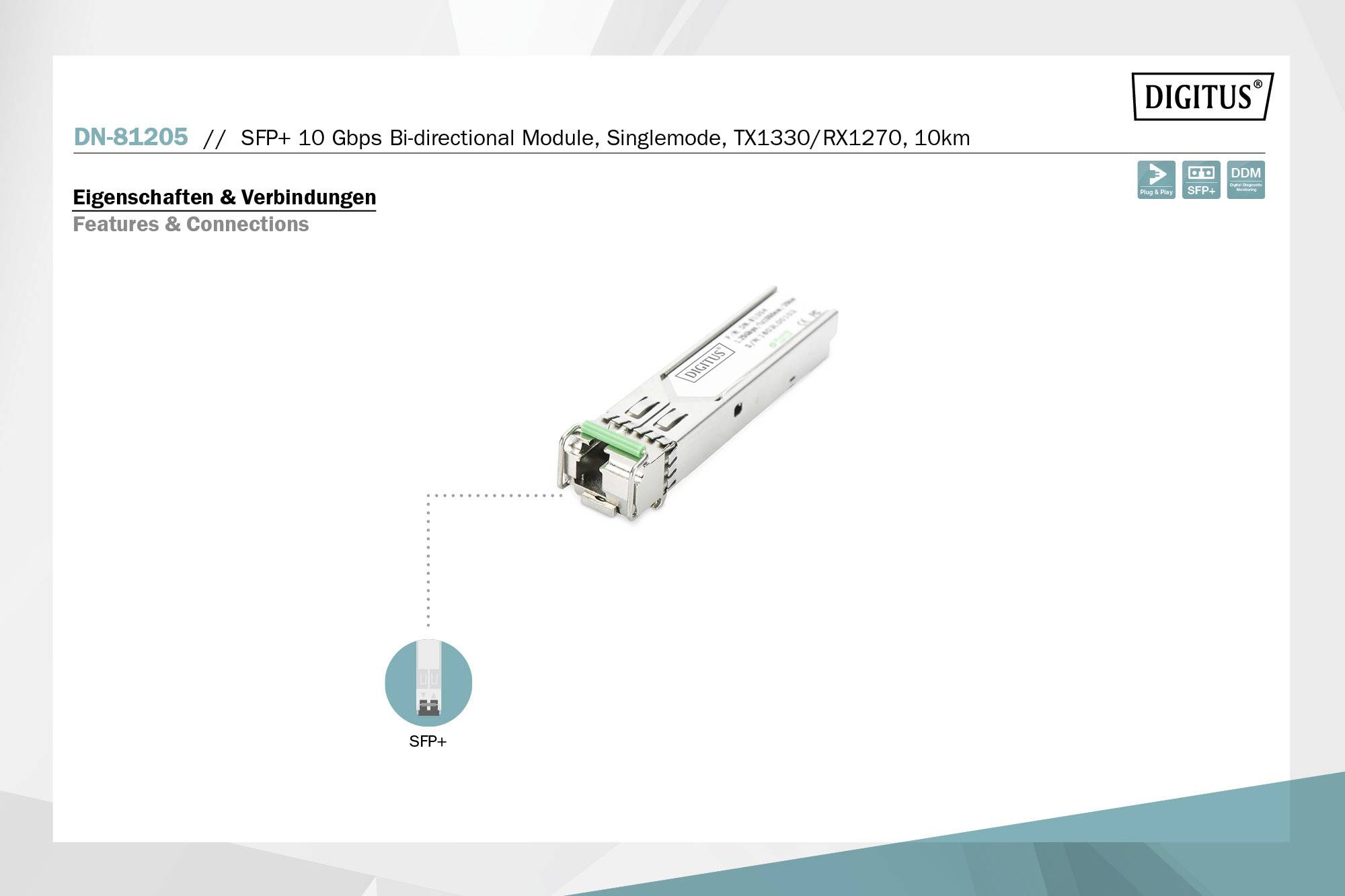 Informazioni modulo 'DN-81205 SFP+ 10 Gbps'. Singlemode, TX1330/RX1270, 10 km. Immagine prodotto Digitus, mostra spinotto modulo in metallo.