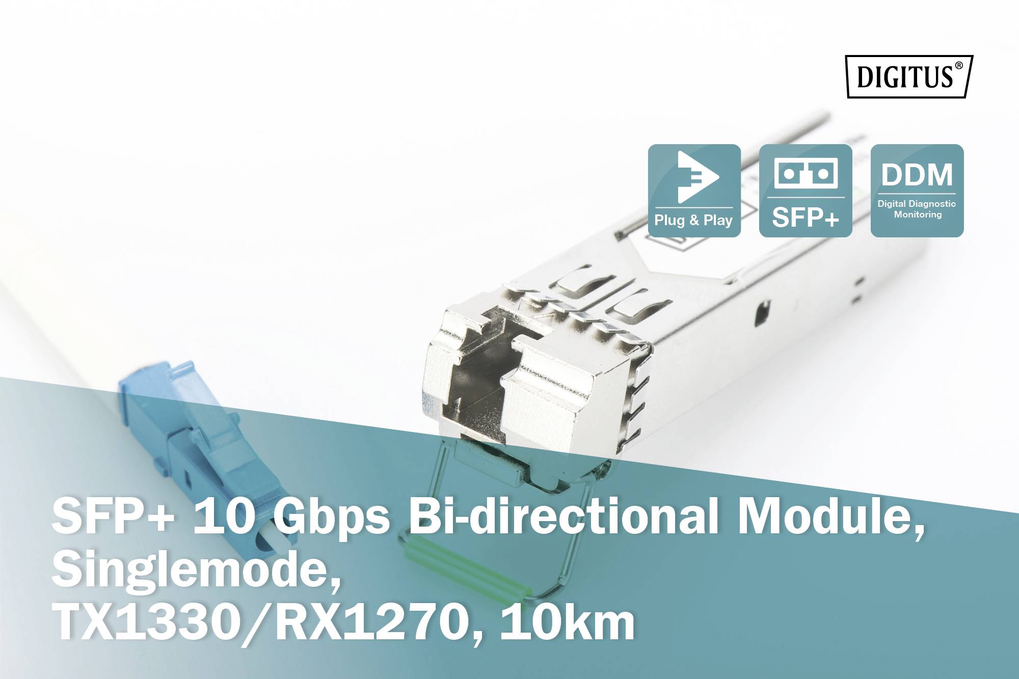 'Modulo SFP+ 10 Gbps, bidirezionale, monomodale, TX1330/RX1270, portata 10 km.'
