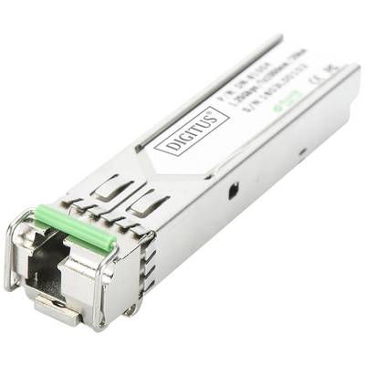 Un modulo SFP argentato con la scritta 'DIGITUS' e specifiche tecniche stampate lateralmente. Dispositivo di rete ottica.