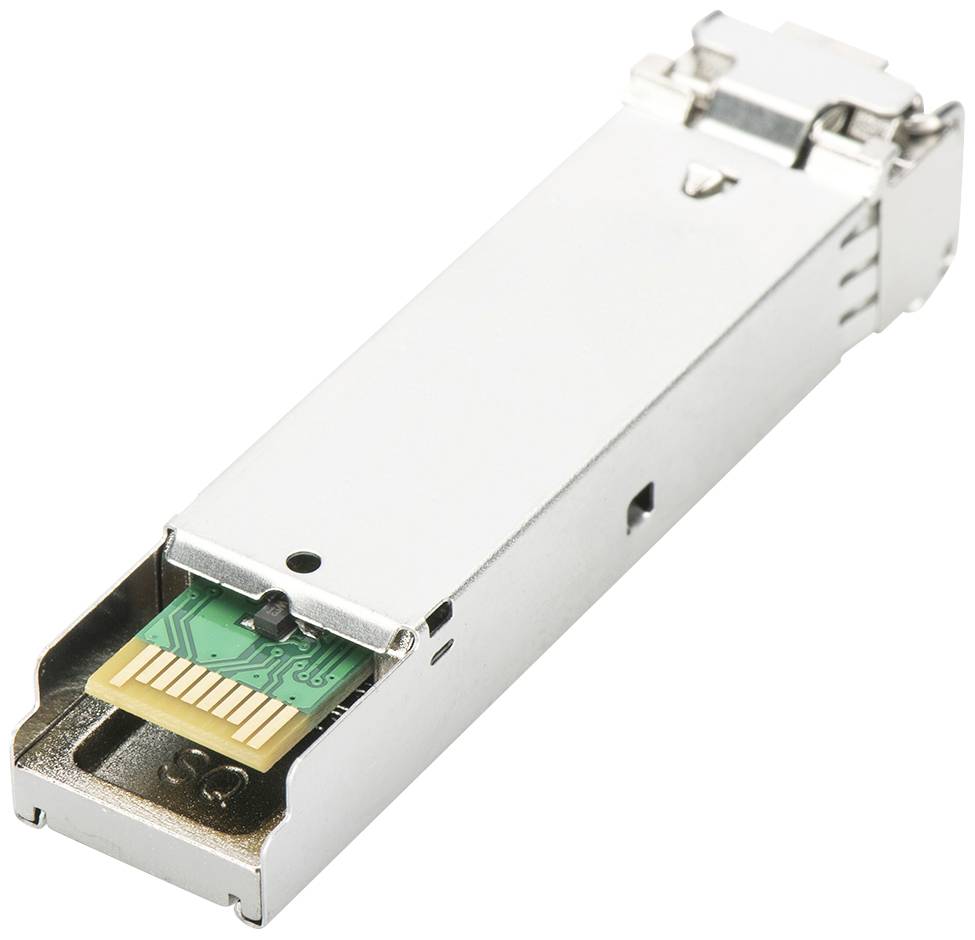 Un modulo SFP (Small Form-factor Pluggable) per la connessione di rete, con involucro metallico e scheda elettronica visibile.