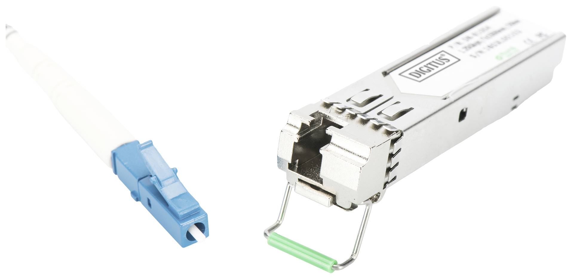 Un modulo SFP e un connettore in fibra ottica, entrambi utilizzati per la trasmissione di dati nelle reti. Il connettore è blu con un cavo bianco.