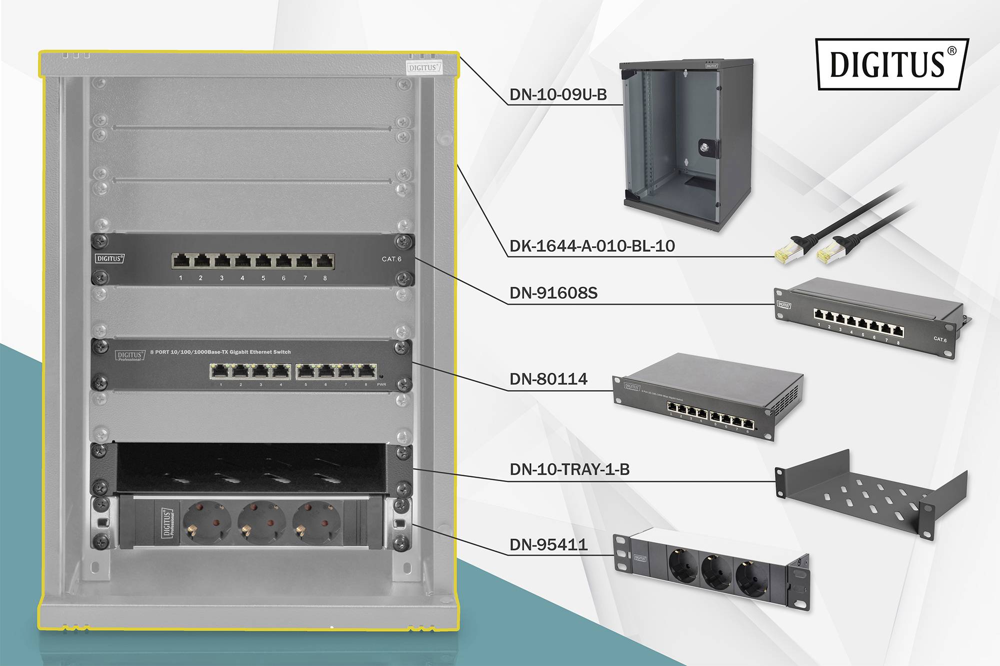 'Offerta di prodotti Digitus: prodotti di rete tra cui switch, cavi patch e armadi a parete con numeri di articolo per l'infrastruttura IT.'