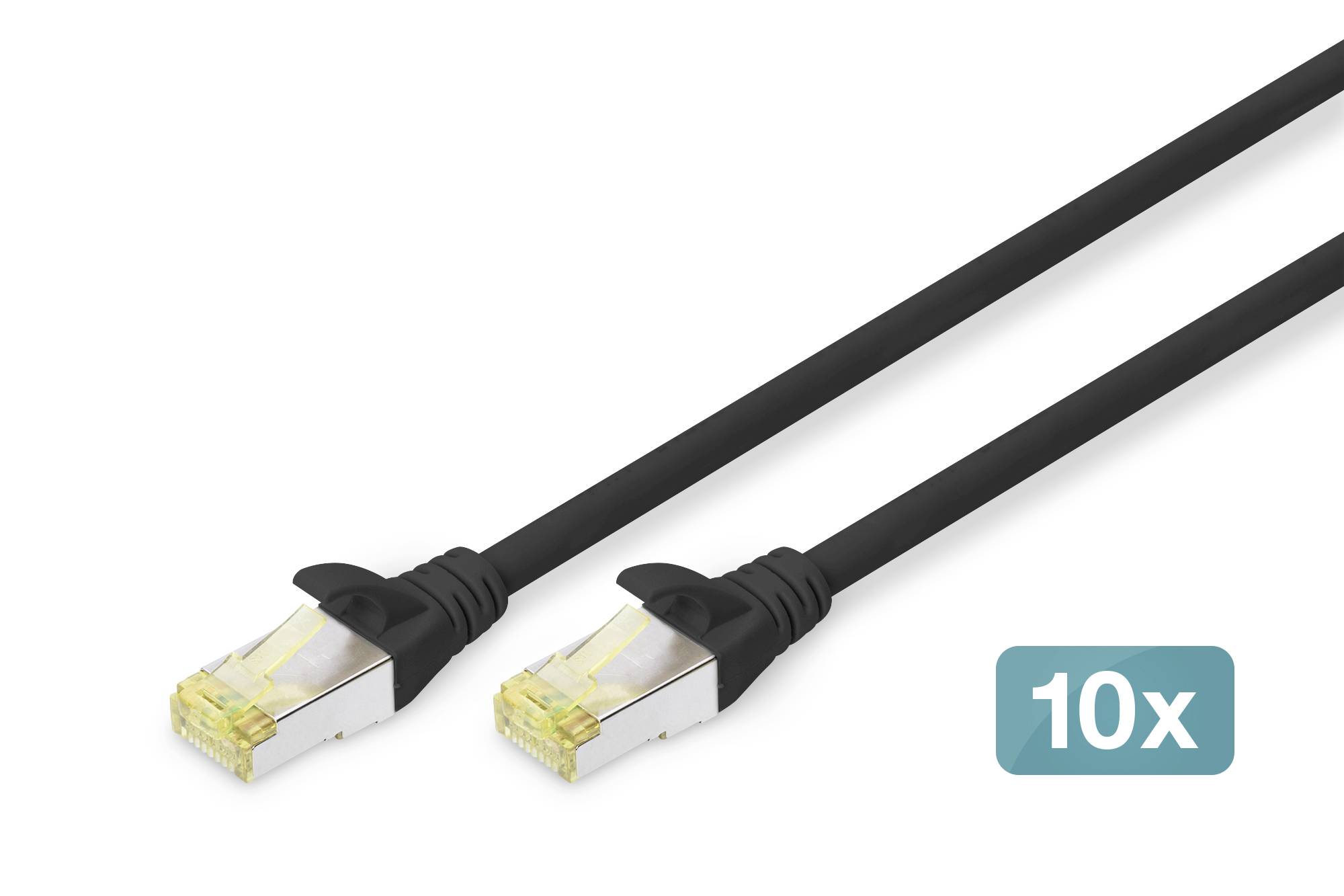 Due cavi Ethernet neri con connettori RJ45. Accanto è riportato '10x', che indica una confezione da dieci cavi.