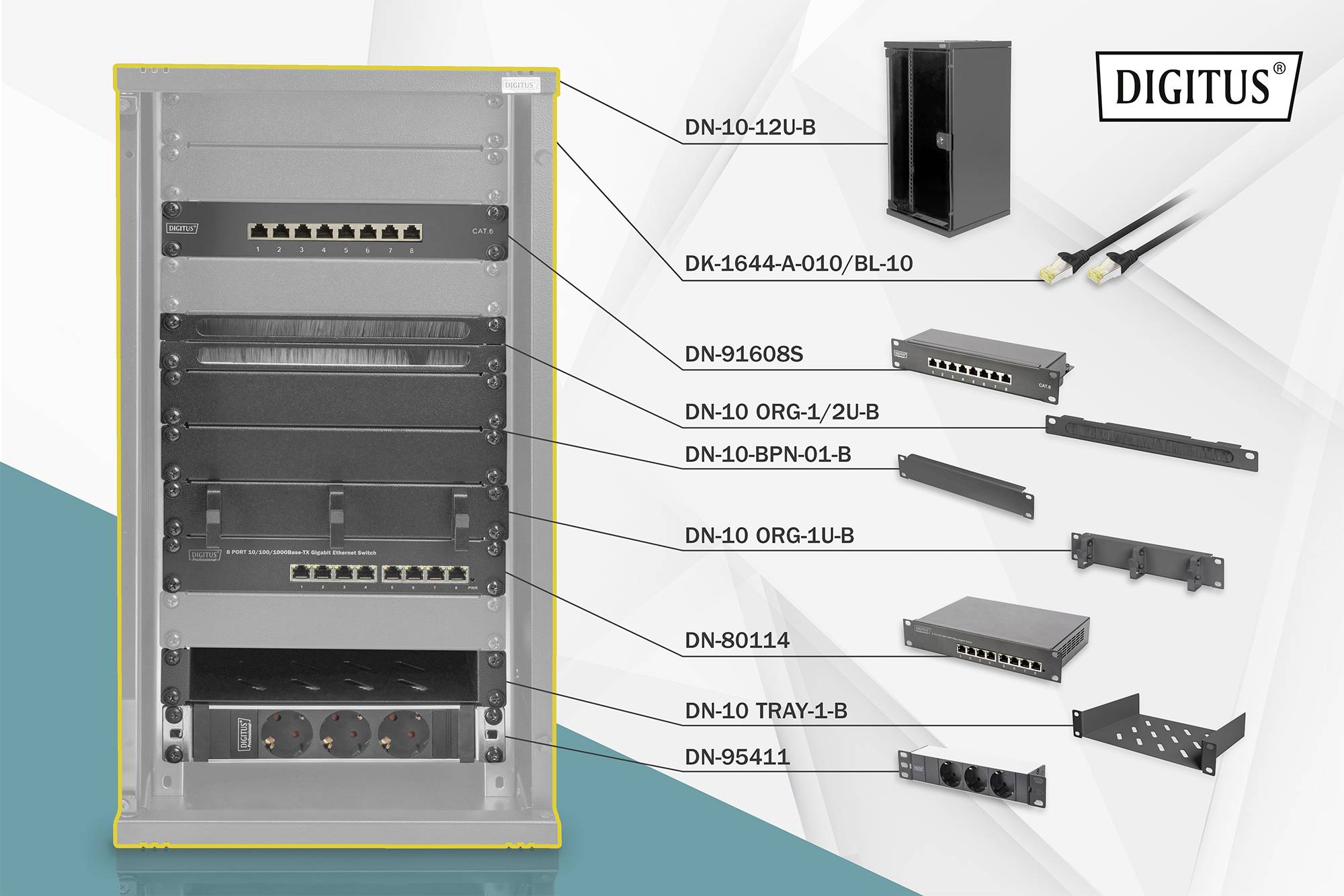 Sistema di rack per server 'Digitus' con diversi moduli: pannelli patch, elementi di rete e accessori per server. Numeri di modello e dispositivi illustrati.
