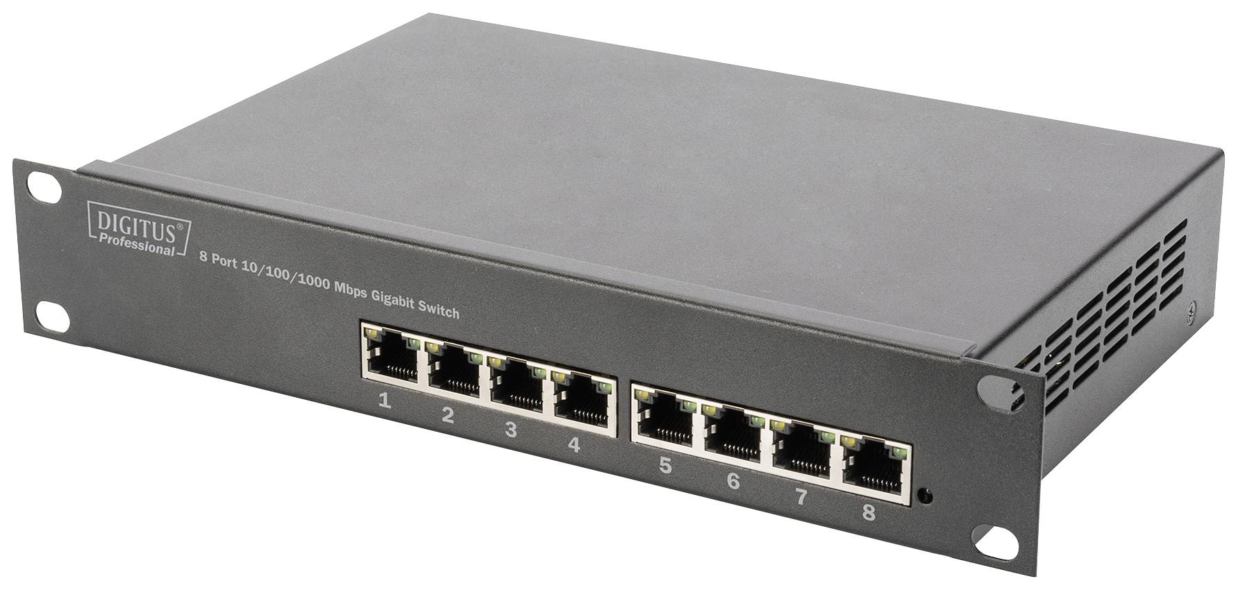 Un switch Gigabit grigio a 8 porte per connessioni di rete, idoneo per 10/100/1000 Mbit/s. Modello per installazioni di rete professionali.