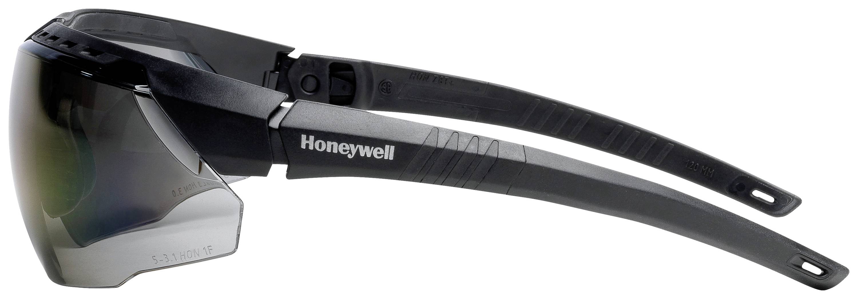 Occhiali protettivi con montatura nera e lenti scurate, visti di lato. Sul braccetto è riportato il marchio 'Honeywell'. Idonei per scopi di sicurezza.