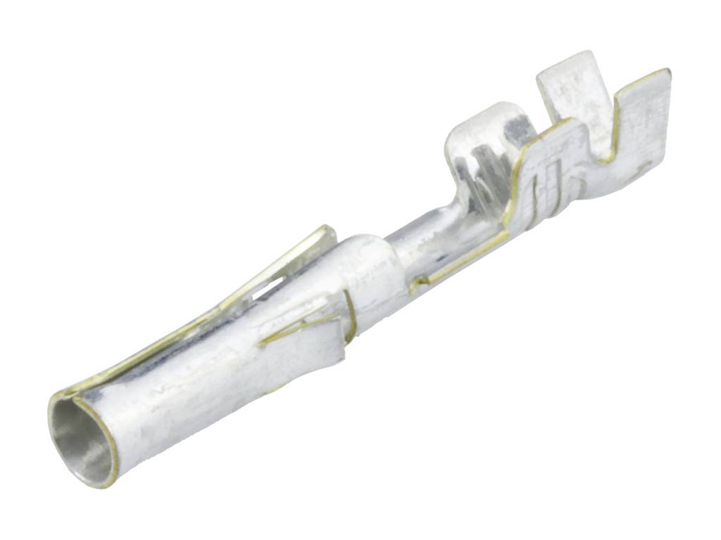 Un contatto metallico a innesto in primo piano. Il componente ha una forma cilindrica con un'aletta ricurva e serve per il collegamento elettrico.