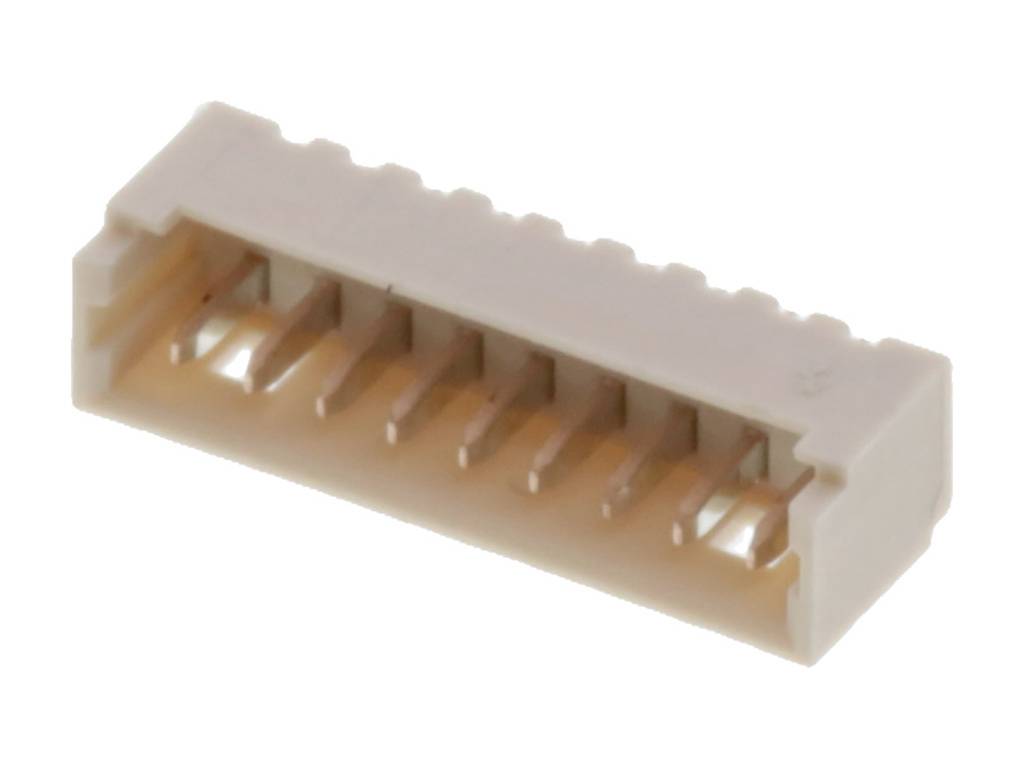 Un connettore in plastica con più pin, utilizzato in dispositivi elettronici per connessioni.