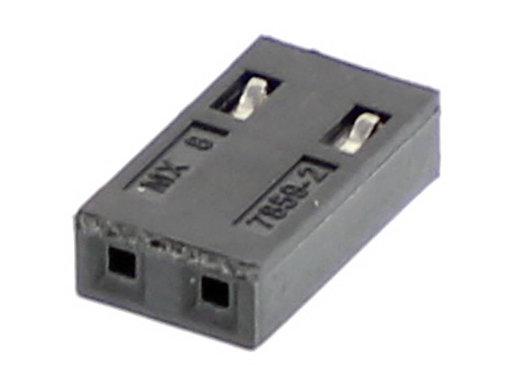 Connettore a due poli in custodia di plastica nera, contrassegnato con 'MX 8' e 'Y68-2'. Utilizzato per connessioni elettroniche.