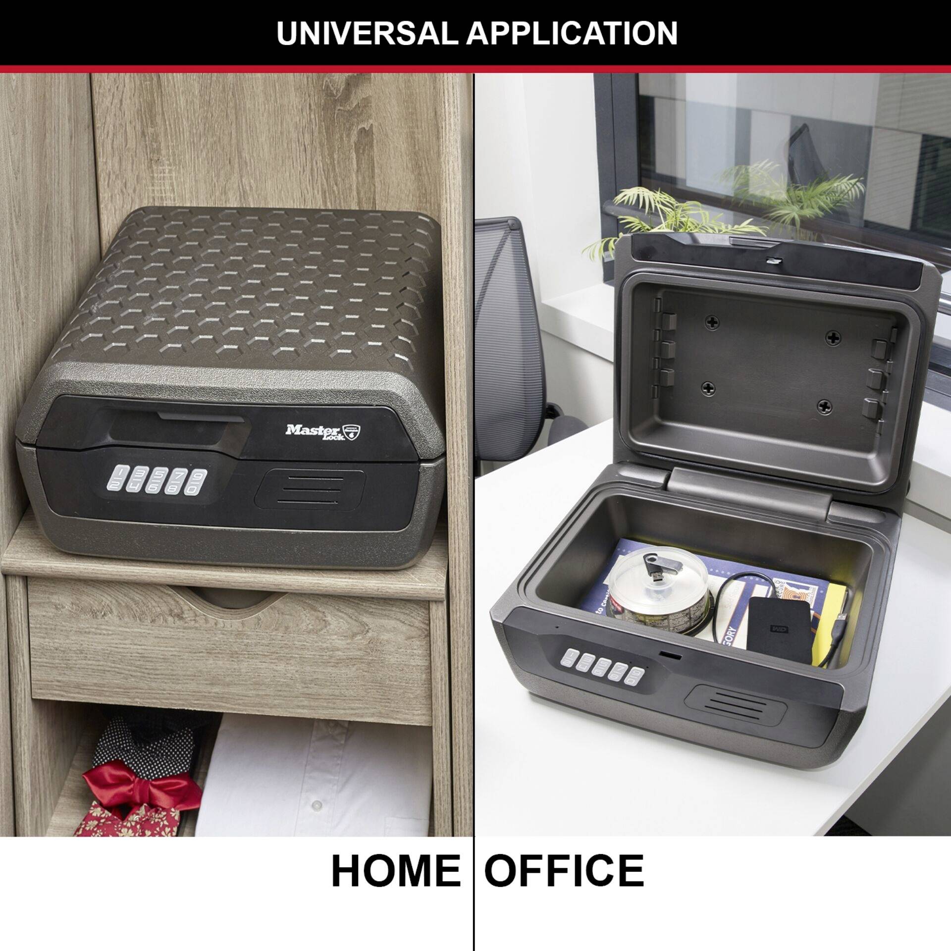 A sinistra una cassaforte chiusa su uno scaffale, a destra la stessa cassaforte aperta con documenti e CD all'interno. Testo: 'Applicazione Universale'.